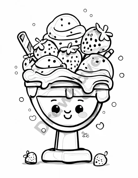 Coloring book image of cherry on top delight ice cream sundae with vanilla, chocolate, strawberry flavors, drizzled with syrup in black and white