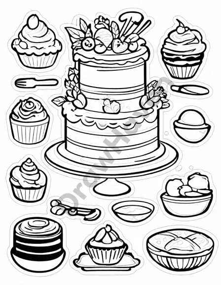 coloring page of the great baking show with bakers, judges, and a showstopper cake in black and white