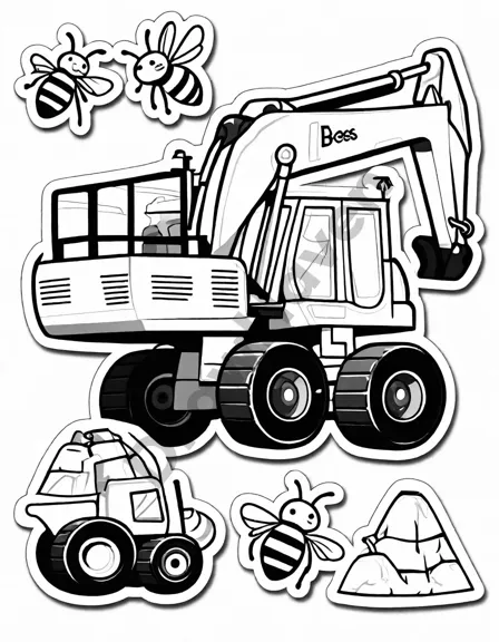 coloring page of animated bees operating construction vehicles at a site, promoting safety and teamwork in black and white