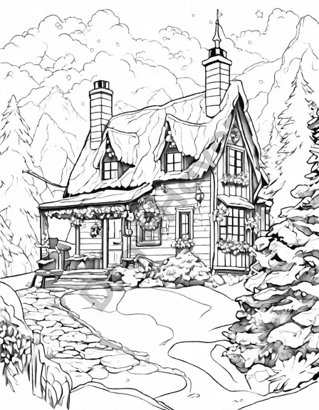 snow-covered cottage with warm glowing windows and smoke from chimney, inviting warmth and tranquility in a winter wonderland coloring page in black and white