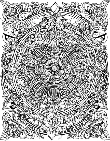 intricate coloring book page featuring delicate lines, shapes, and patterns for stress relief and meditation in black and white