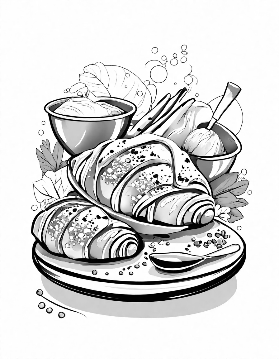 intricate coloring page featuring the process of making french croissants with baker's hands and tools in black and white