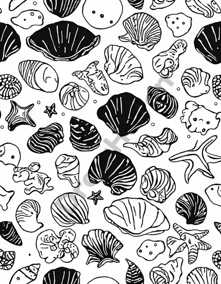 seashell collection by the shore coloring page with patterned shells on beach and gentle waves in black and white