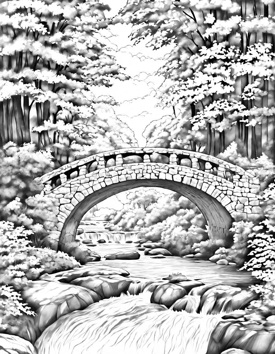 tranquil countryside coloring page with a winding stone bridge over a babbling brook, surrounded by towering trees in black and white