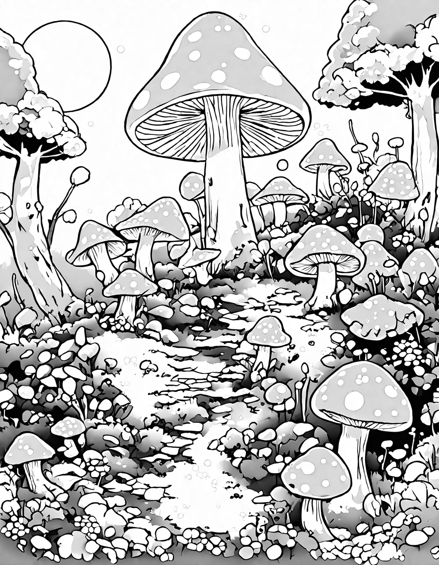 coloring page of an enchanted forest with magical fairy circles and vibrant mushrooms in black and white