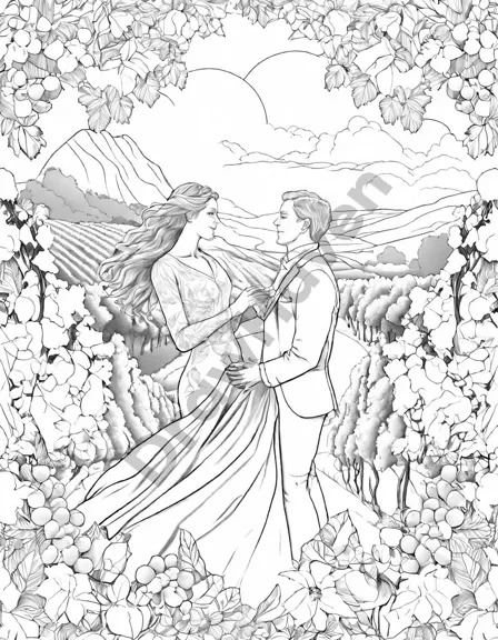 vineyard sunset coloring page featuring a couple dancing among vines in black and white