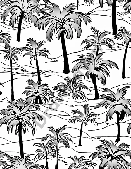 palm shadows on the golden beach coloring page showcasing towering palms casting shadows on sun-kissed sand in black and white