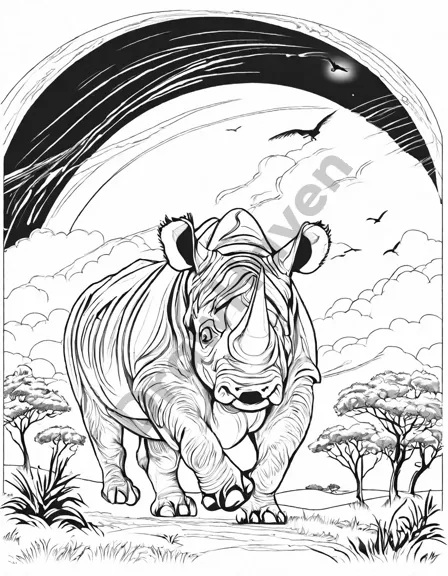 coloring book page featuring a charging rhino at the zoo with visitors on a platform in black and white