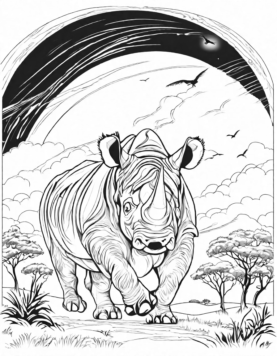 coloring book page featuring a charging rhino at the zoo with visitors on a platform in black and white
