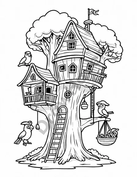 coloring page of pirate ship treehouse adventure with treasures and animals in an oak tree in black and white