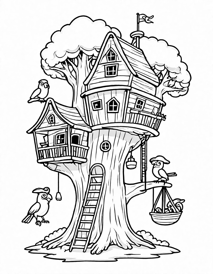 coloring page of pirate ship treehouse adventure with treasures and animals in an oak tree in black and white