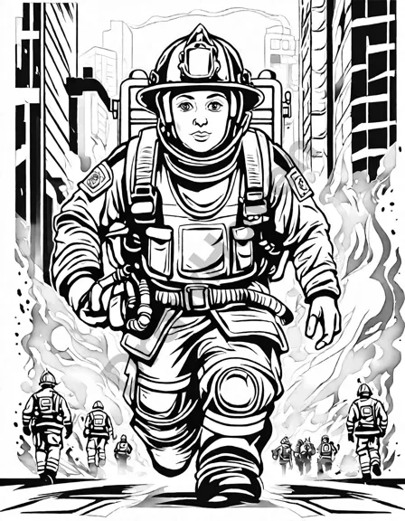 coloring book page of firefighters in gear rushing in fire truck to an emergency in black and white