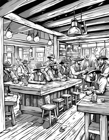 coloring book image of cowboys and bandits in a showdown at the dusty bottle saloon in black and white