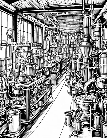 intricate coloring book page captures the essence of a coffee roastery, with hypnotic machinery and aromatic beans in black and white