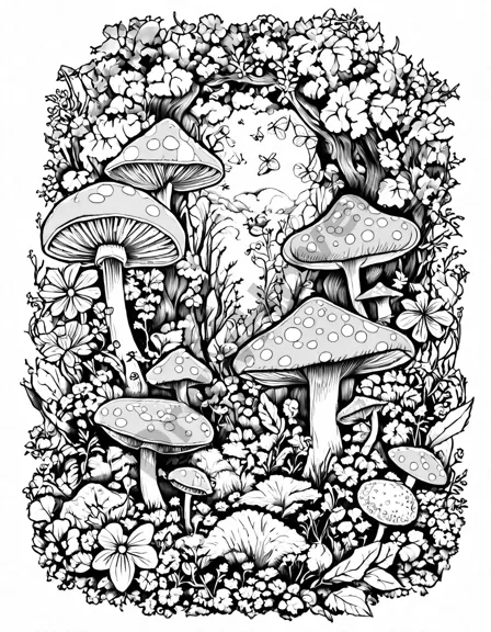 mystical creatures hiding in the garden coloring image featuring fairies and elves among flowers in black and white