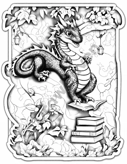 Coloring book image of friendly dragons in a mystical forest library with twinkling lights, reading and sharing magical books in black and white