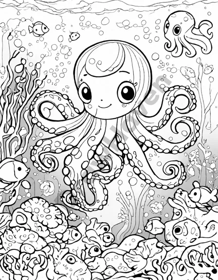 Coloring book image of colorful octopus in an underwater garden surrounded by sea anemones, corals, seaweed, fish, and a turtle, perfect for relaxation in black and white