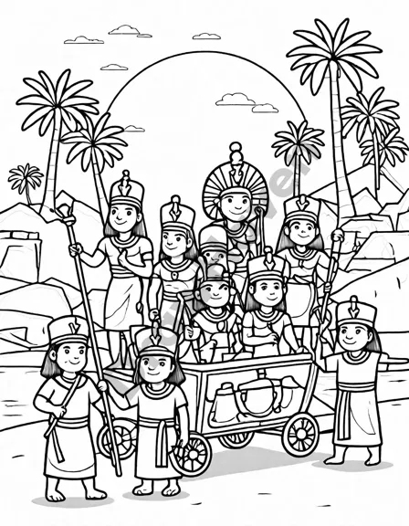 coloring book image of an ancient egyptian pharaoh procession along the nile, featuring priests, soldiers, and citizens in black and white