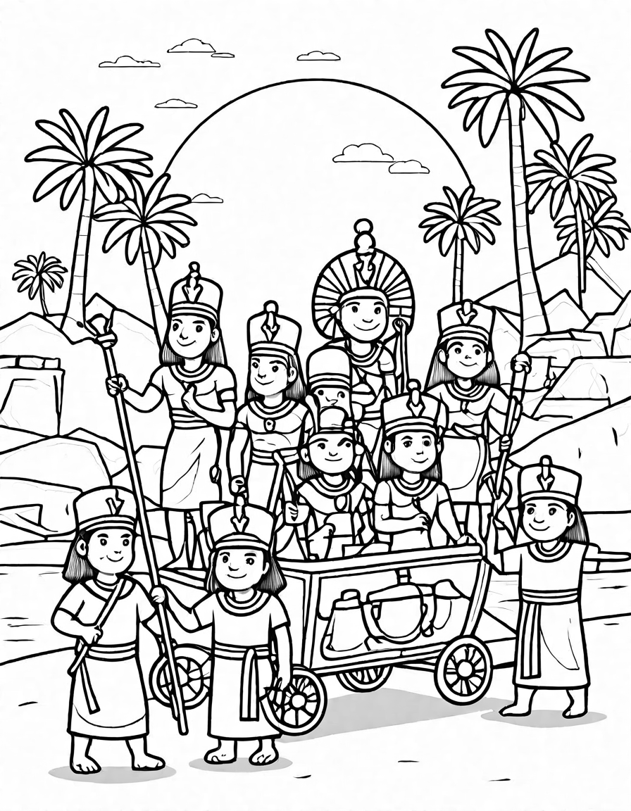 coloring book image of an ancient egyptian pharaoh procession along the nile, featuring priests, soldiers, and citizens in black and white