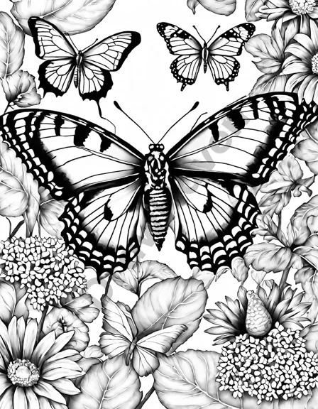 intricate coloring page depicting tiny garden creatures, like a butterfly and snail, showcasing nature's details for coloring in black and white