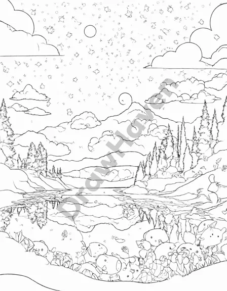 coloring book page of a meteor shower over mountains and a lake; perfect for astronomy and nature enthusiasts in black and white