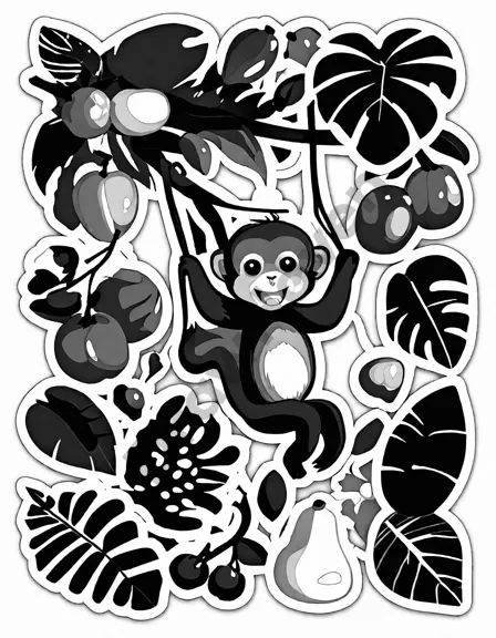 capuchin monkeys swinging in the rainforest canopy for a coloring book scene in black and white
