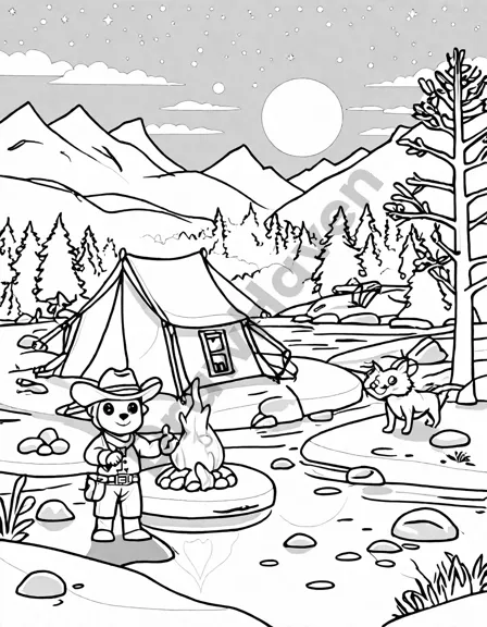 Coloring book image of prospectors' camp scene with cowboys panning for gold by a river under a starry sky in black and white