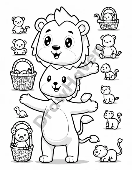 coloring book page with plush lions, giraffes, elephants, and hidden animals in a toy jungle in black and white