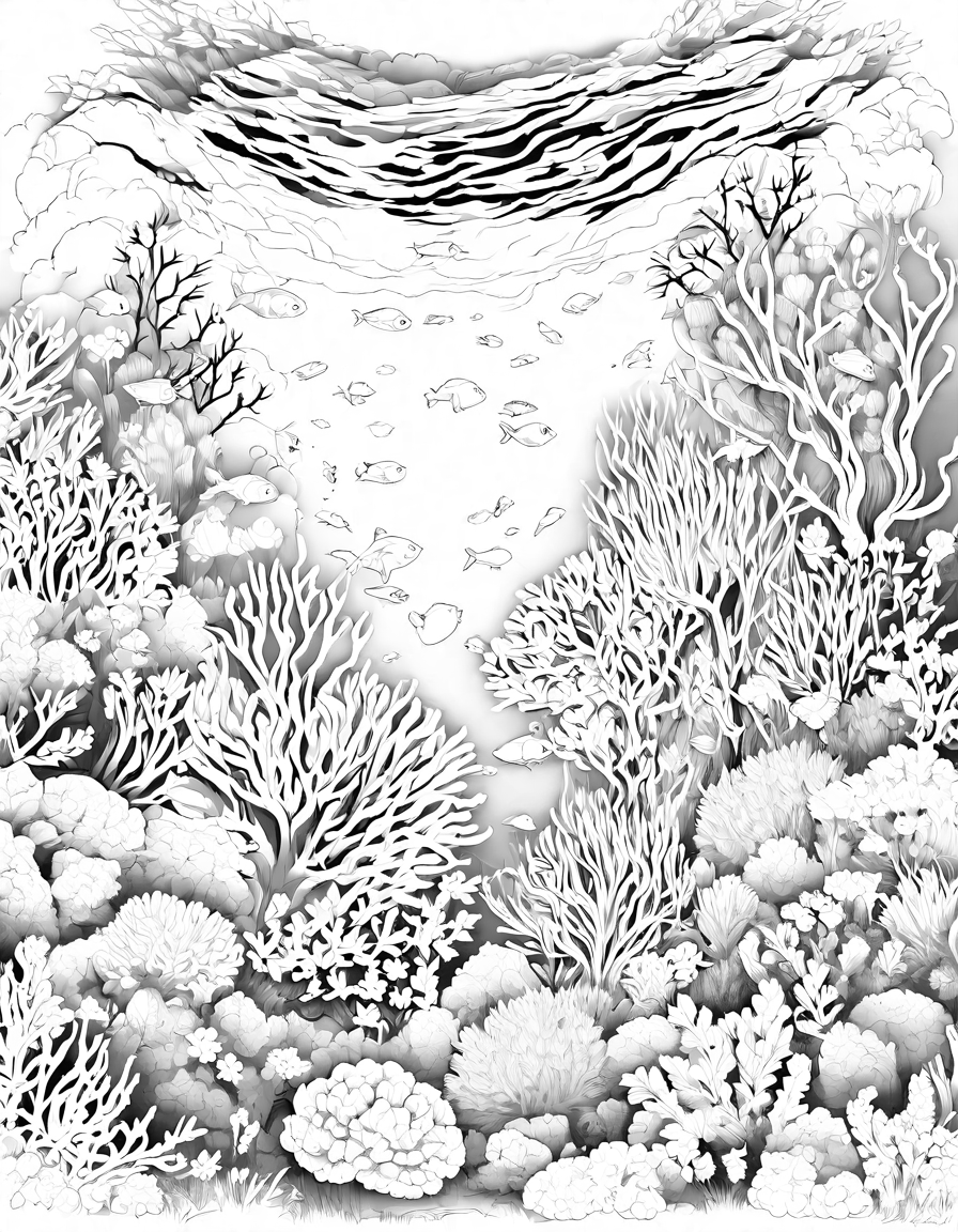 Coloring book image of colorful underwater garden with a variety of seaweeds, corals, and sea creatures in black and white