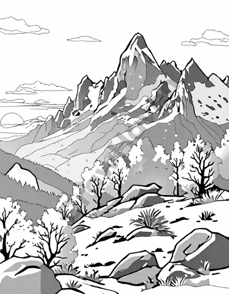 Coloring book image of breathtaking dawn over majestic rocky peaks, casting dramatic shadows across rugged landscape in black and white