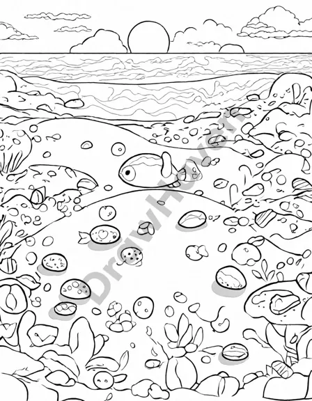 coloring page of footprints and seashells along the shore at sunset in black and white