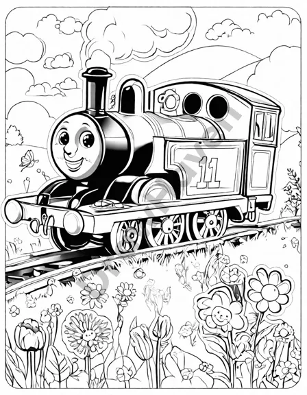henry the green engine stands face-to-face with a friendly monster in a vibrant meadow, ready for a whimsical coloring adventure in black and white