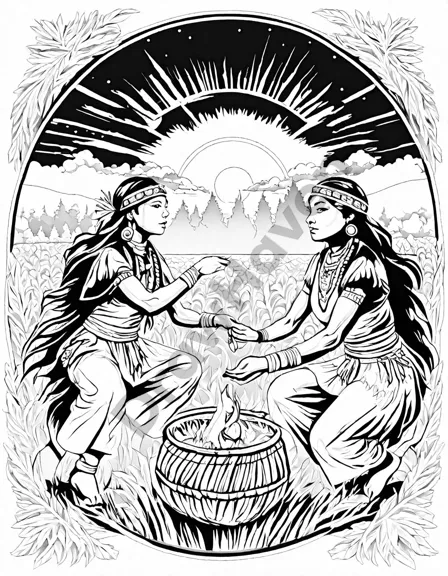 native american corn harvest celebration coloring page, husking corn, weaving, dancing in black and white