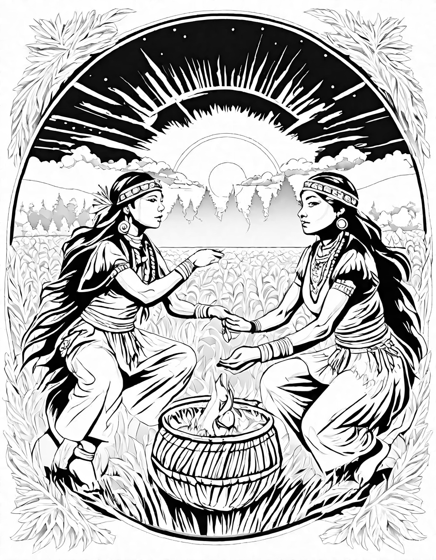 native american corn harvest celebration coloring page, husking corn, weaving, dancing in black and white