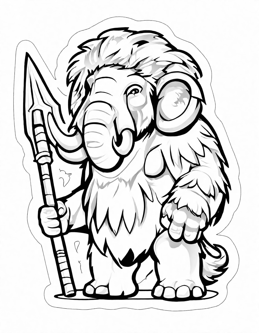 prehistoric cavemen hunt mighty mammoth in sprawling savanna coloring page in black and white