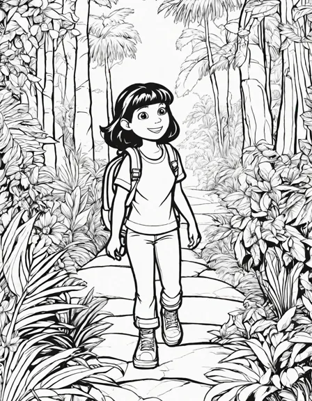 dora and boots coloring adventure in a lush jungle with hidden trails and friendly animals in black and white