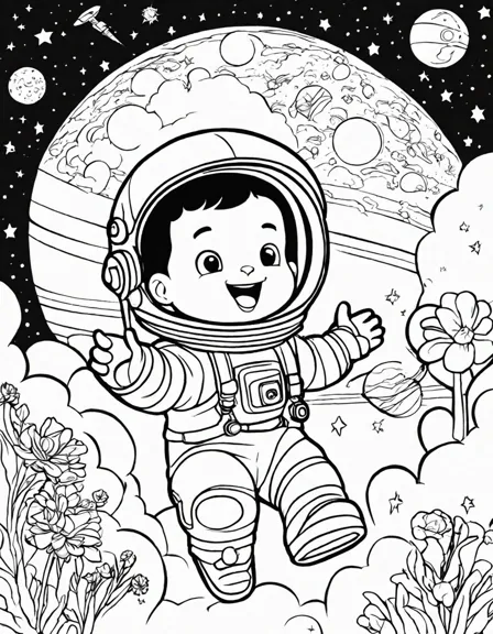 jj and his family embark on a colorful space adventure in this enchanting coloring page in black and white