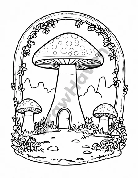 fairy rings and mystical things coloring page with toadstools, fairies, and magical creatures in black and white