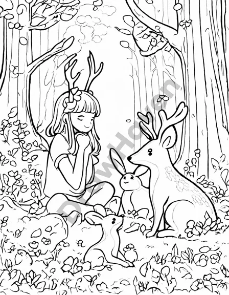 Coloring book image of enchanted forest dawn yoga with diverse people, deer, rabbits, and birds in serene harmony, inviting meditation and nature connection in black and white