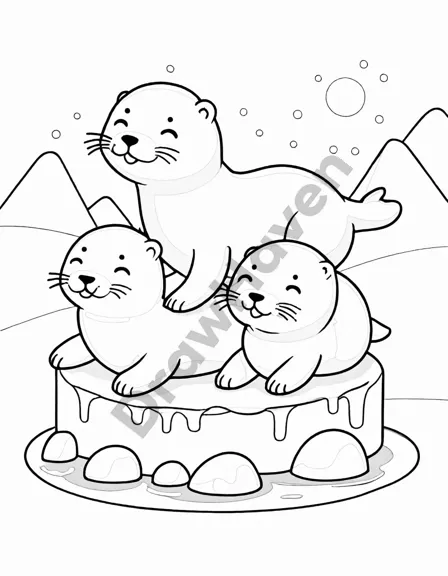 Coloring book image of adorable seal pups frolic in the arctic, basking in the sun and interacting playfully in black and white