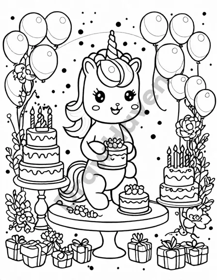 Coloring book image of children around a birthday table with a unicorn and fairy lights in a magical garden in black and white
