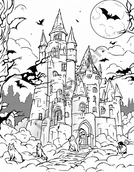 gothic creatures of the night coloring page with bats, gargoyles, werewolves, and vampires in a moonlit scene in black and white