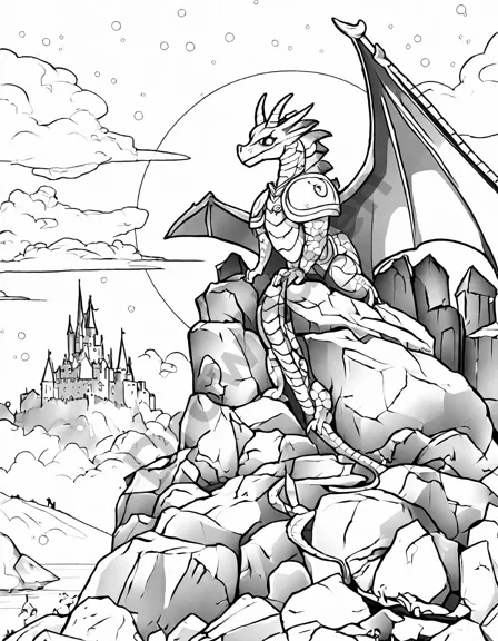 dragon king breathing fire at knight with castle backdrop in a coloring book page in black and white