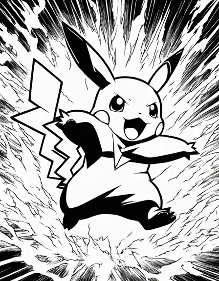 Coloring book image of pikachu unleashes its electrifying thundersh-ck move, sparking a surge of electricity that crackles across the opponent in black and white