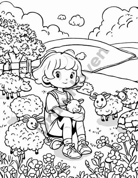 baa baa black sheep coloring page featuring the sheep with wool bags in a flowery meadow in black and white