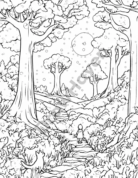 Coloring book image of ancient trees at night with a star-filled sky and a path leading through a magical glade in black and white