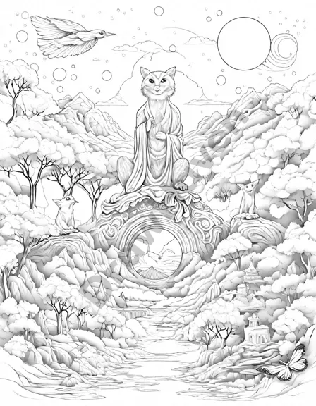 ethereal coloring book page with spirit animals and totems in black and white