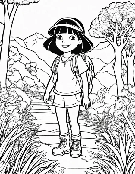 coloring book page with dora and friends on a map-reading adventure, teaching essential map skills while fostering imagination and problem-solving in black and white