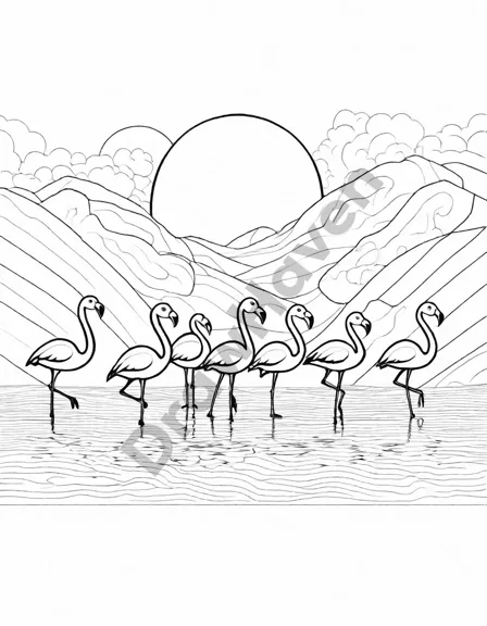 Coloring book image of flamingo flock at sunset with vibrant feathers and reflections on water in black and white