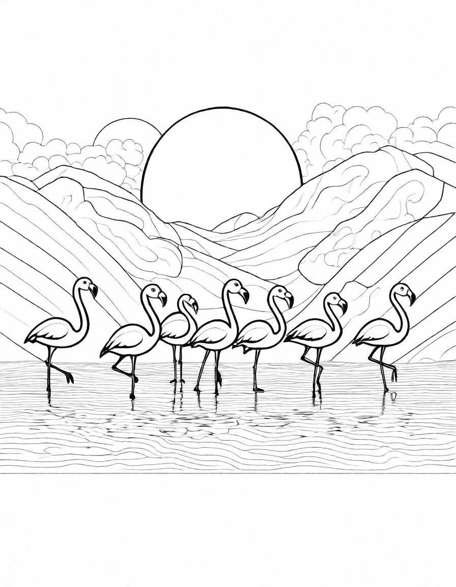 Coloring book image of flamingo flock at sunset with vibrant feathers and reflections on water in black and white